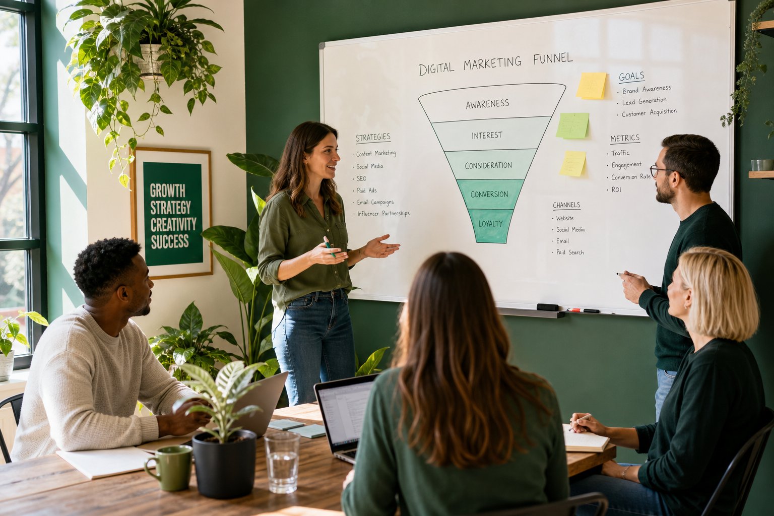 Marketing team collaborating on digital strategy in a green-inspired workspace