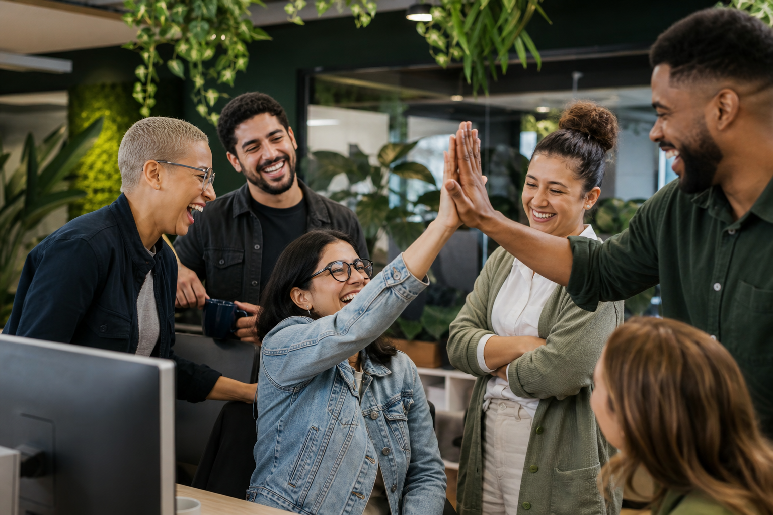 Talented Diversity team sharing a milestone moment in an inclusive workspace