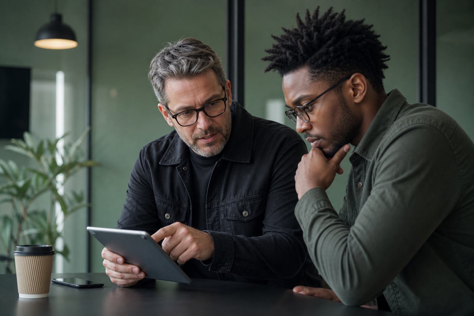 Strategist explaining marketing philosophy to a colleague in a green office