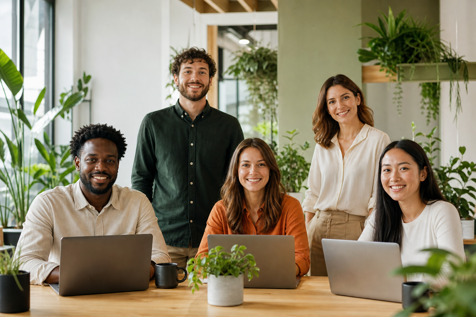 Modern IT marketing workspace with natural green elements and collaborative atmosphere