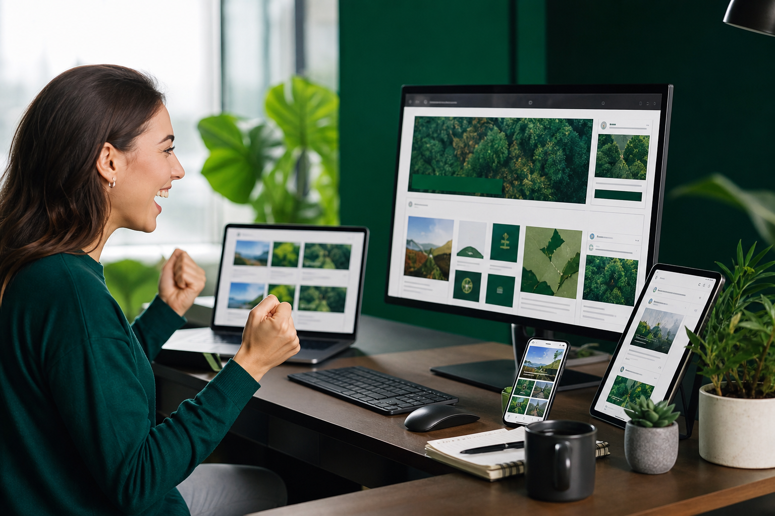 Digital marketer activating a campaign rollout across multiple screens in a green office