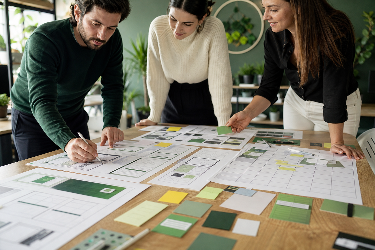Marketing team designing a channel blueprint with wireframes and timeline cards on desk