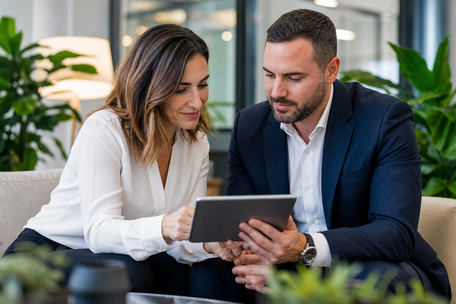 Consultant and client in a briefing session reviewing project goals on a tablet