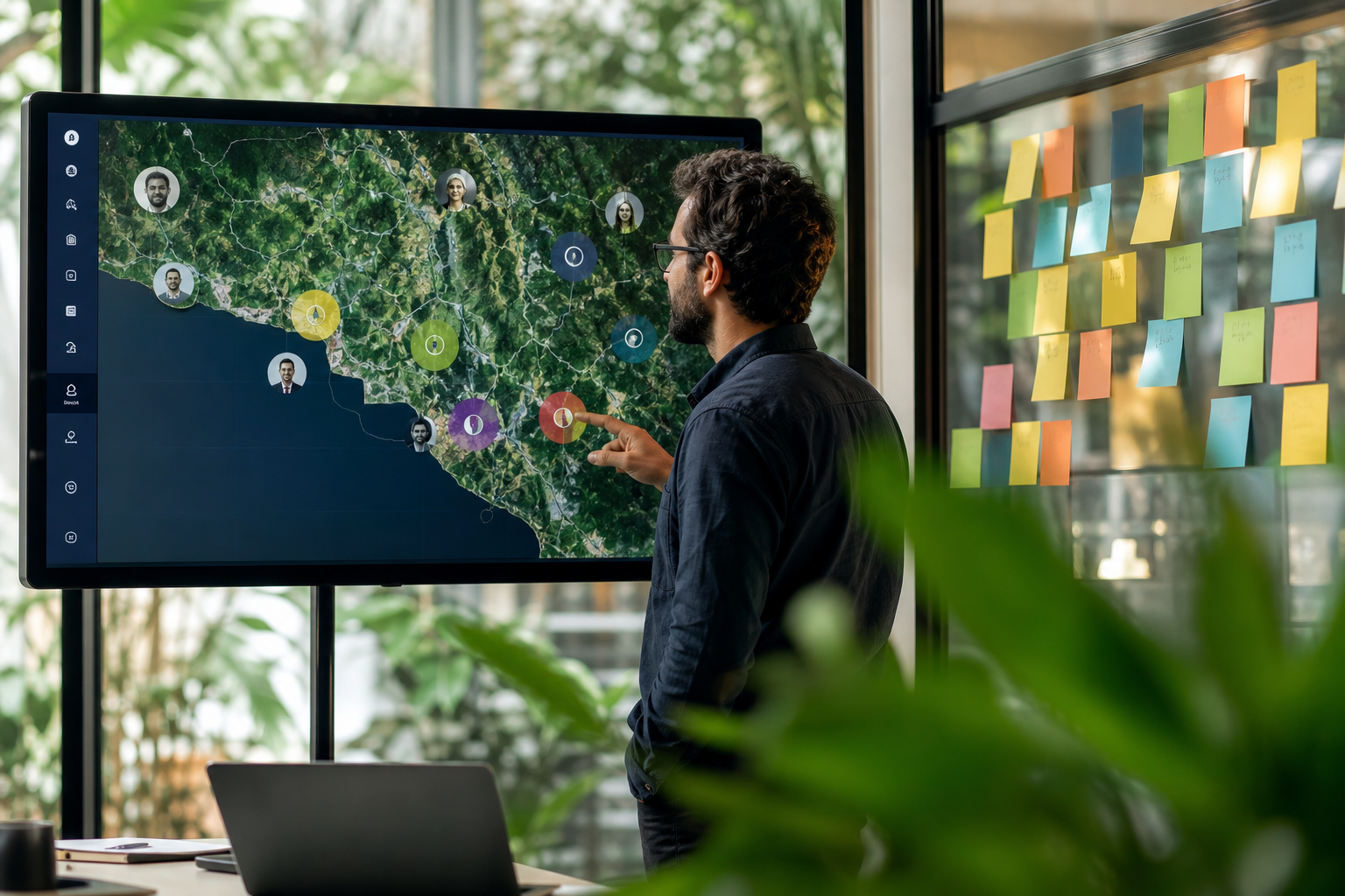 Strategist conducting competitive and audience landscape mapping with research data on screen