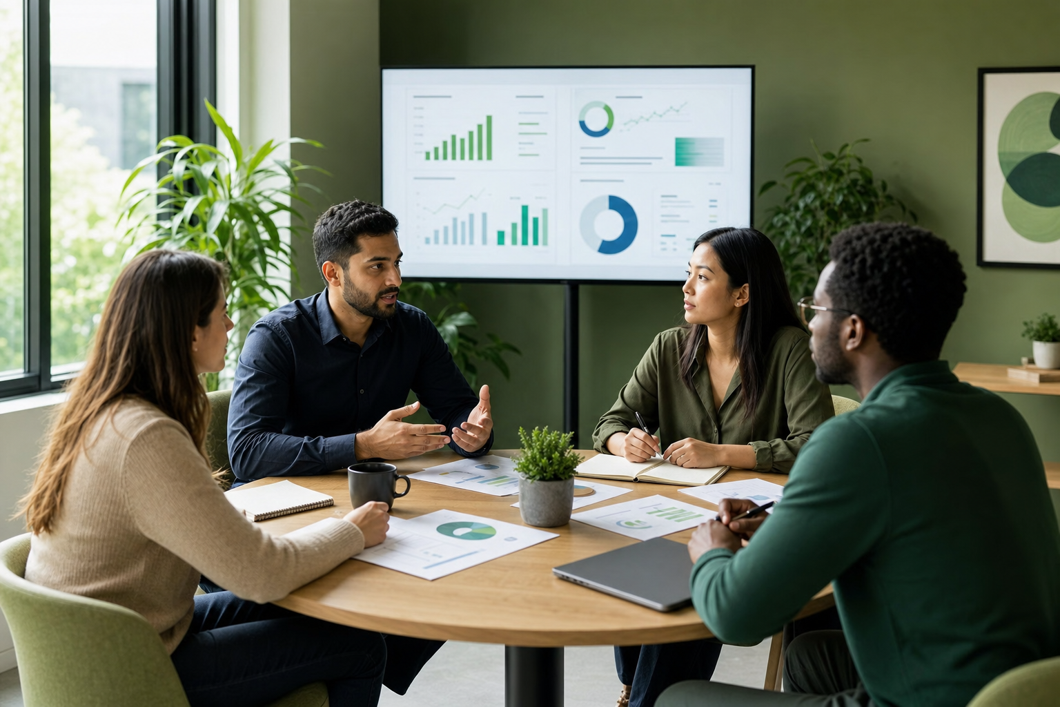 Team conducting a performance review session with analytics reports on the table