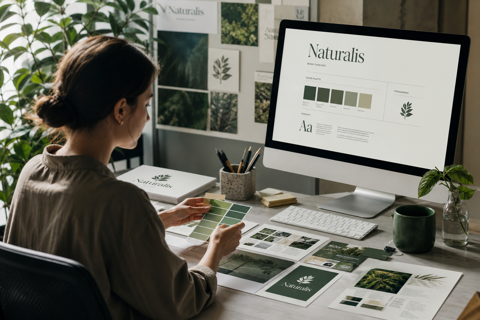 Brand identity development with green-toned design elements and creative workspace