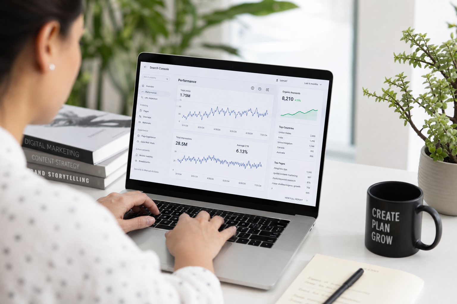 Content marketing professional creating SEO-optimized digital content