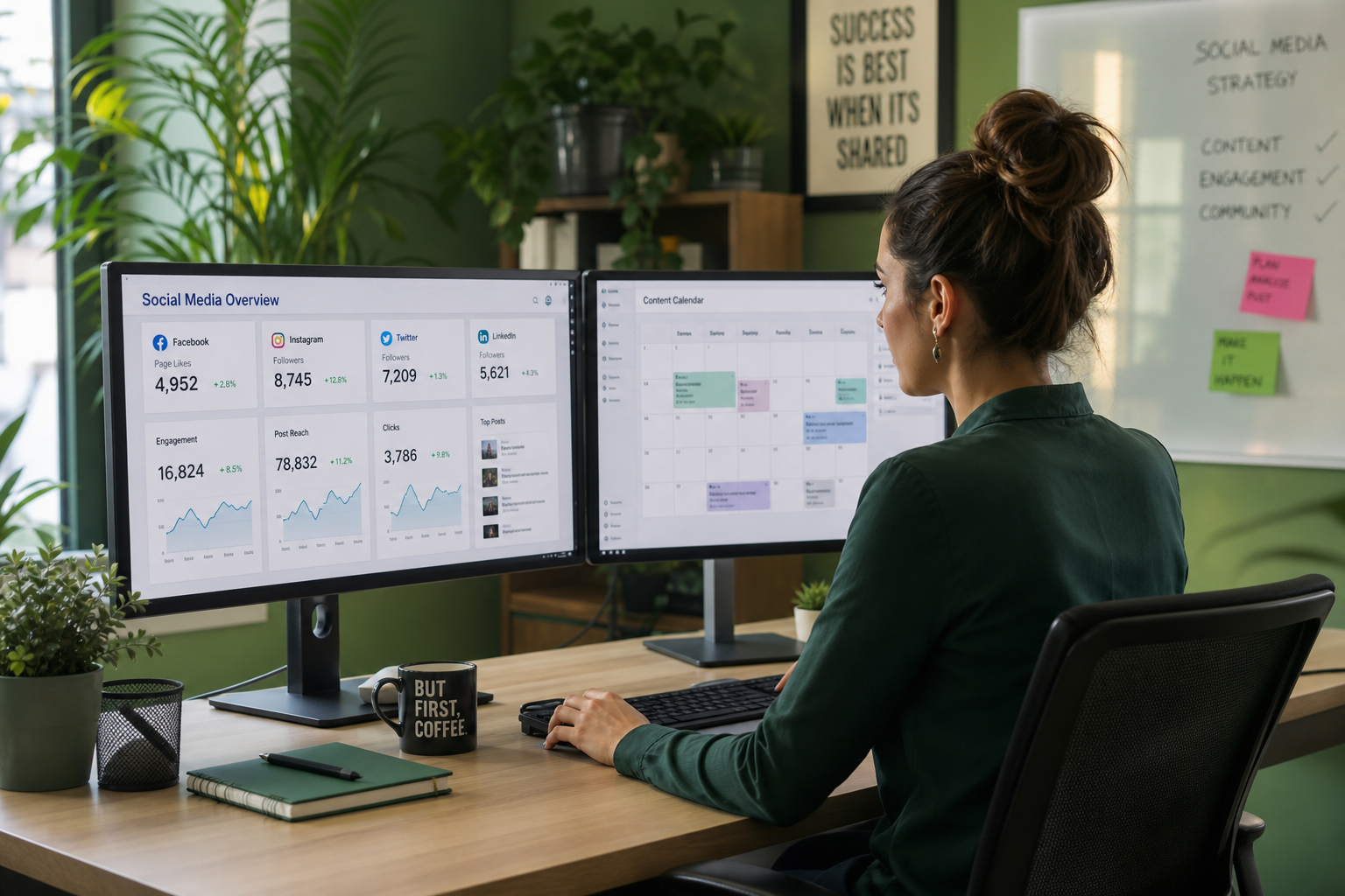Social media marketing management with engagement analytics on dual monitors