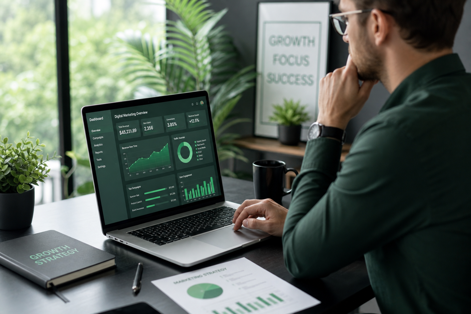 Digital marketing strategy session with analytics dashboard and growth metrics