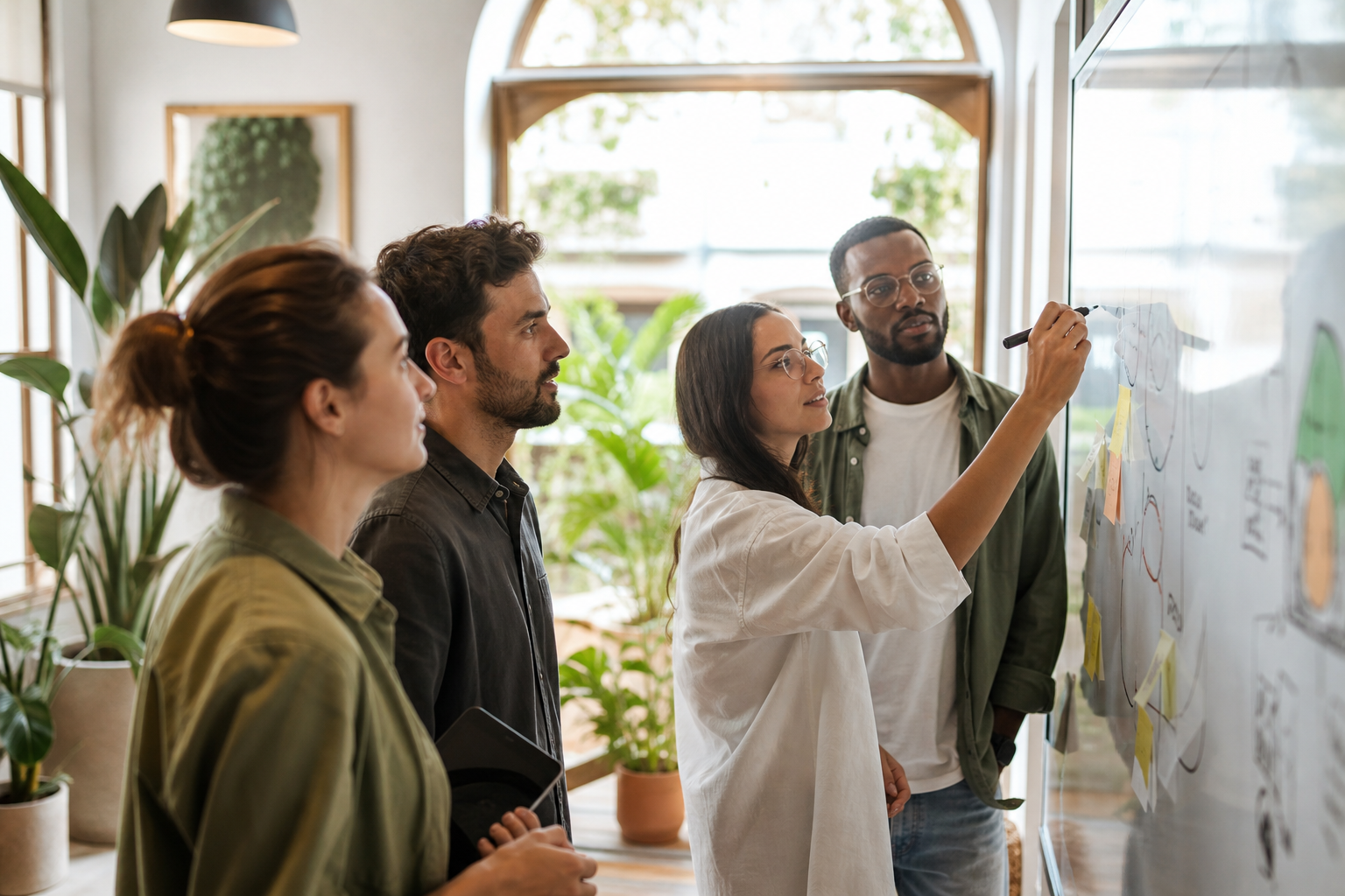 Talented Diversity team discussing company values in a green-inspired workspace
