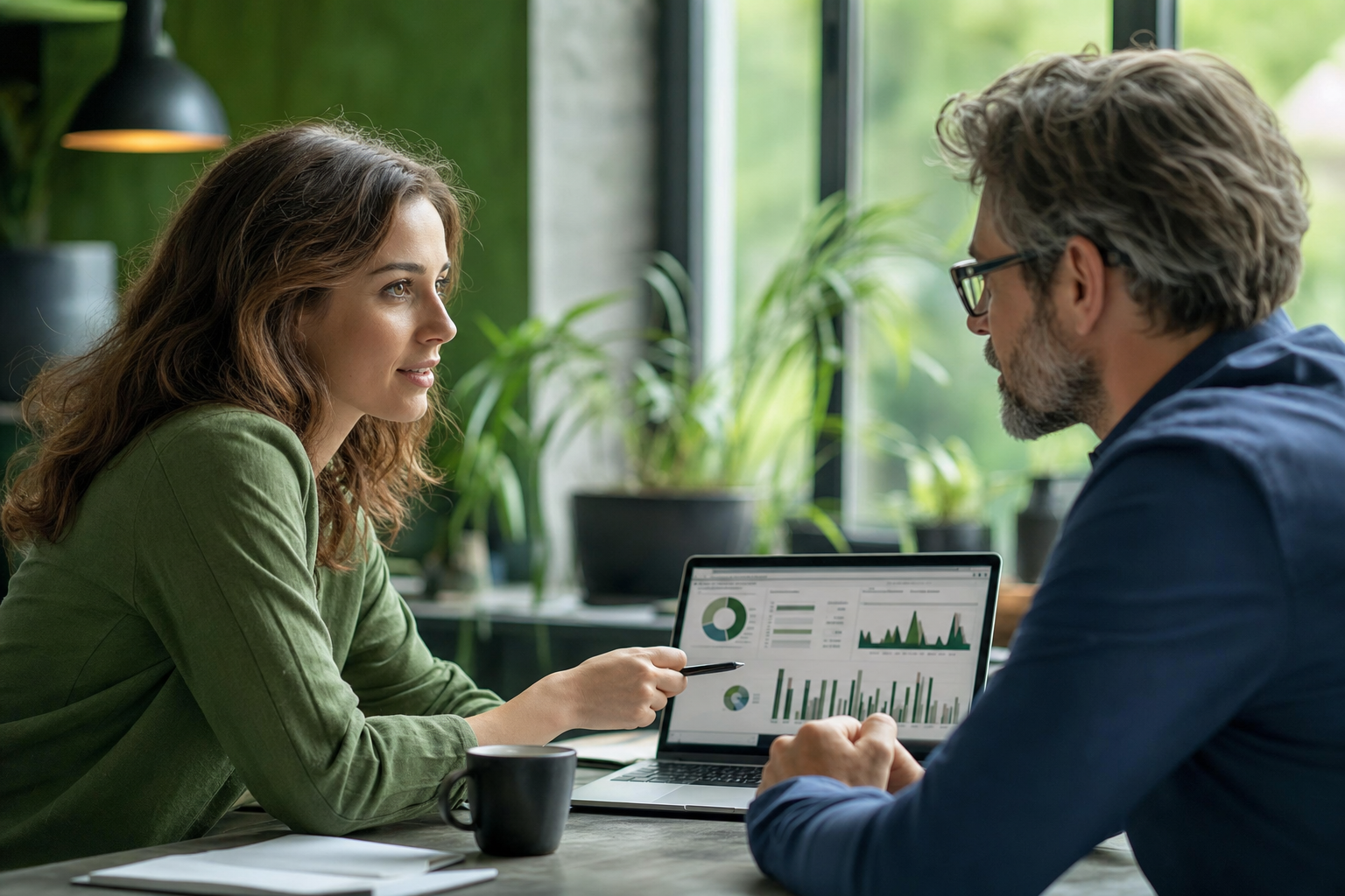 Two professionals having an honest conversation about marketing data in a green workspace