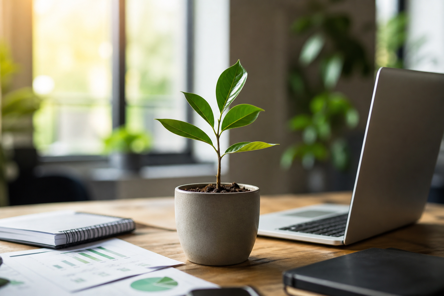 Sapling plant beside a laptop symbolizing sustainable long-term marketing growth