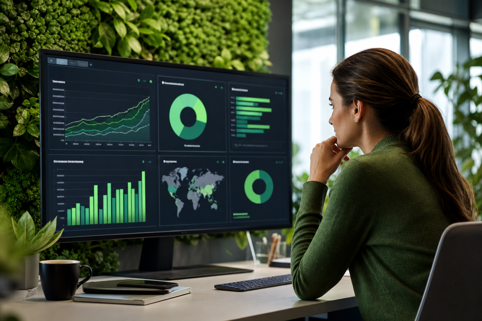 Marketing specialist reviewing performance analytics on a monitor in a modern office